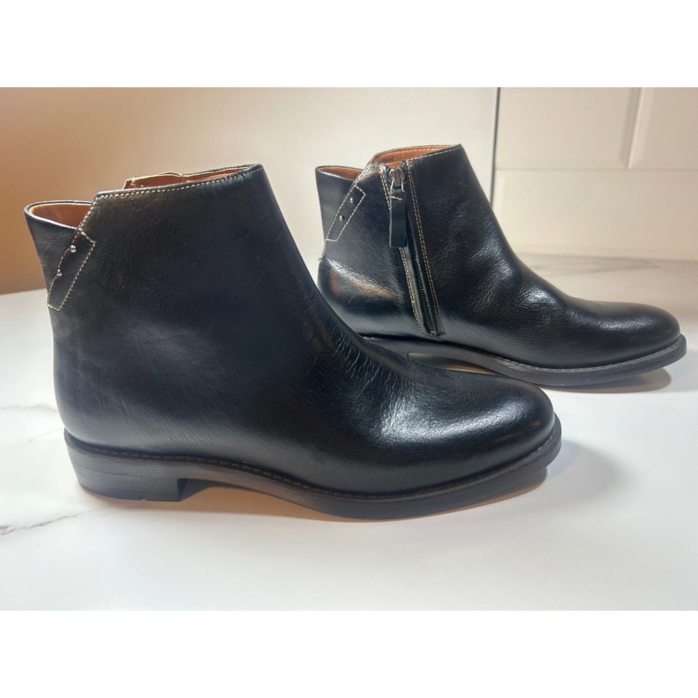 Franco Sarto Mobi Black Leather Ankle Boots Womens 8.5 M Side Zip Low Block Heel